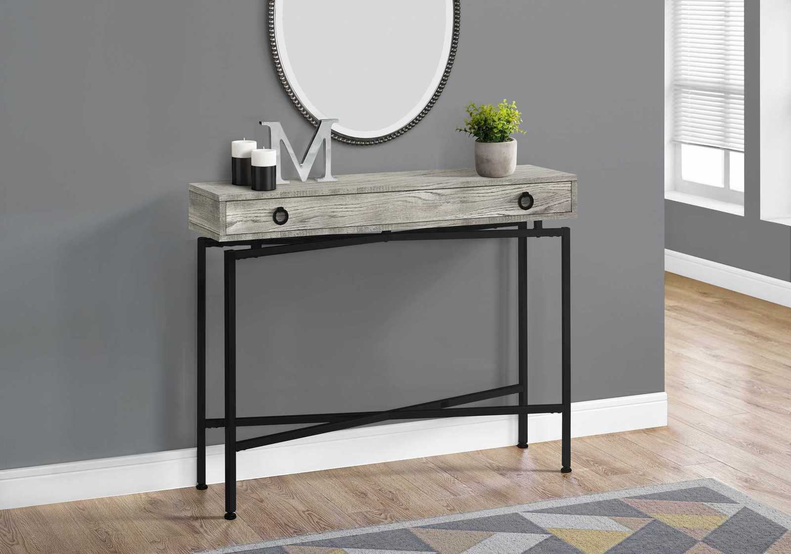 32.5 Grey Reclaimed Wood Particle Board Accent Table with Black Legs