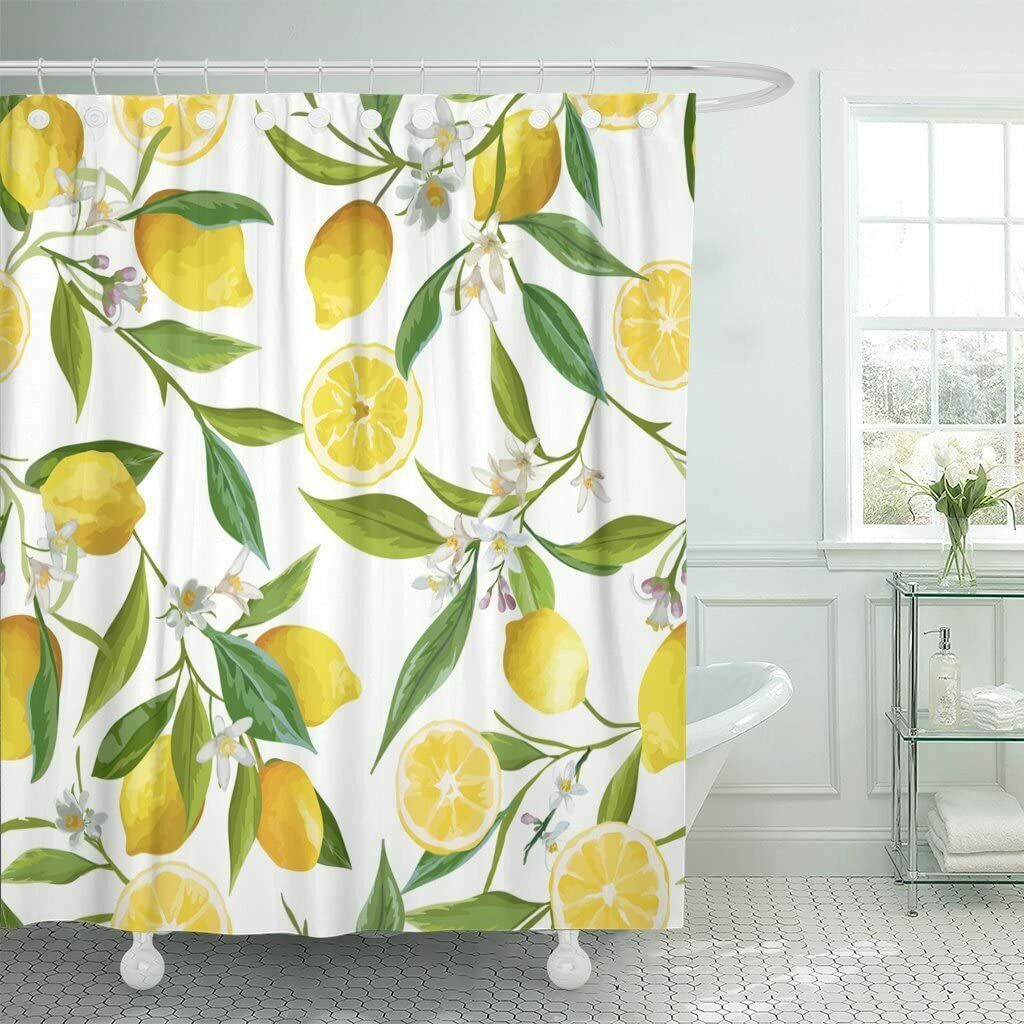 Lemon Floral Leaves Farmhouse Fabric Shower Curtain Pretty and Elegant ...