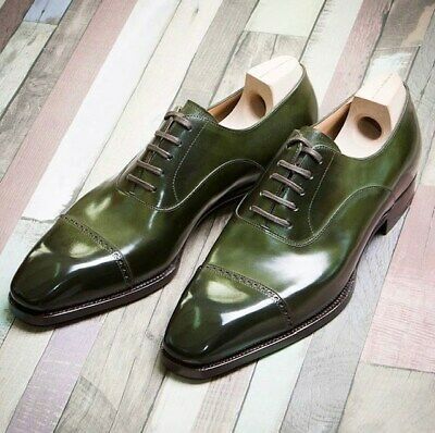 Made To Order Green Color Derby Cap Toe Handmade Genuine Leather Laceup Shoes