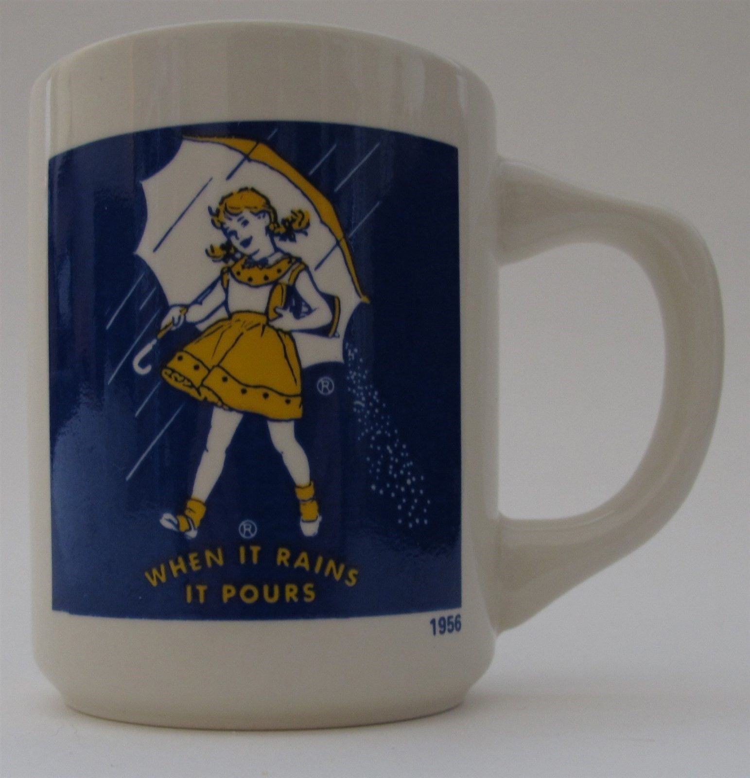 Morton Salt Girl with Umbrella When It Rains It Pours Mug 1956 - Mugs, Cups