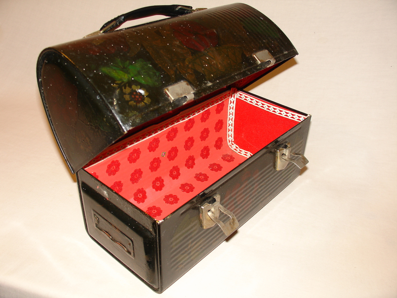Thermos Lunch Box Black Dome Top Vintage Hand Painted Lunchboxes