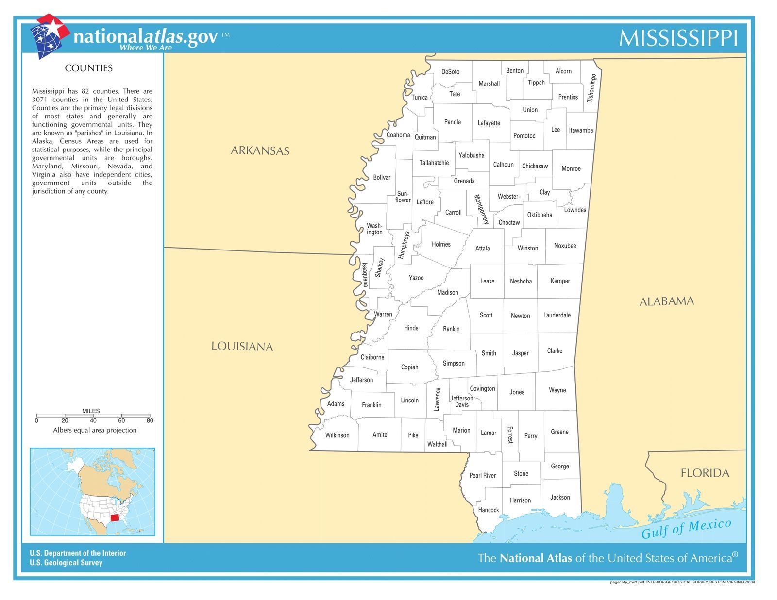 Mississippi State Counties Laminated Wall Map - US