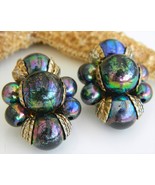 Vintage Faux Carnival Glass Bead Clip Earrings Iridescent Peacock Blue - $24.95
