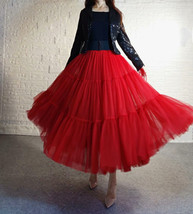 Red Tiered Tulle Skirt Full Long Red Party Skirt High Waisted Elegant Plus Size image 5
