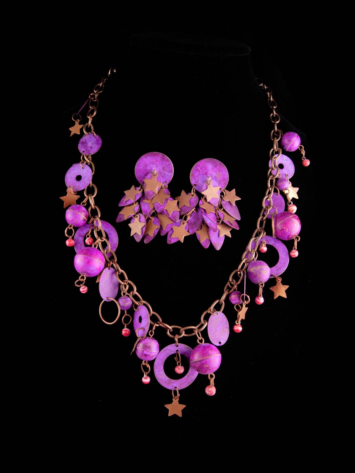 Primary image for Vintage Hippie moon stars necklace and earrings - purple distressed metal - dang