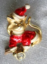 Merry Red Enamel &amp; Rhinestone Christmas Cat Gold-tone Pin 1970s vintage ... - $12.30