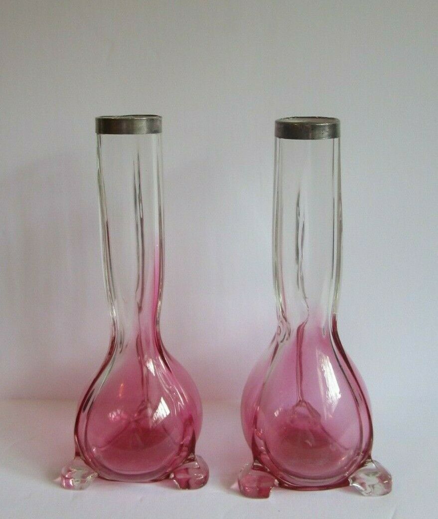 Pair ART NOUVEAU CRANBERRY CLEAR GLASS BUD VASES UK Hallmarks SILVER RIM! Kralik