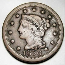 1850 Large Cent Braided Hair F+ AD247 - $25.09