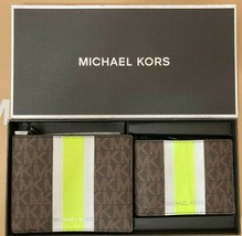 Michael Kors Bifold Wallet Box Set Brown Neon Green Logo 36H1LGFF1B NIB $178 FS - $64.34