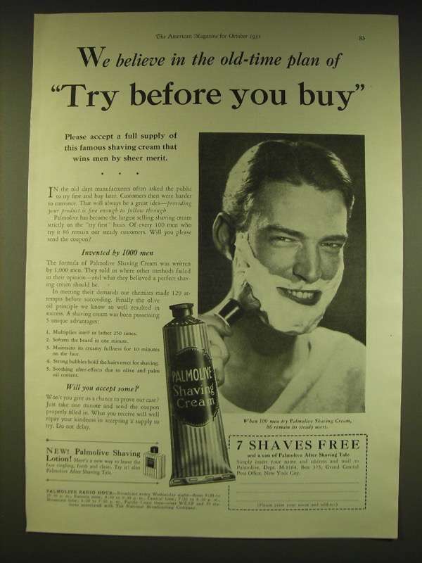 1931 Palmolive Shaving Cream Ad - We believe in the old-time plan of ...