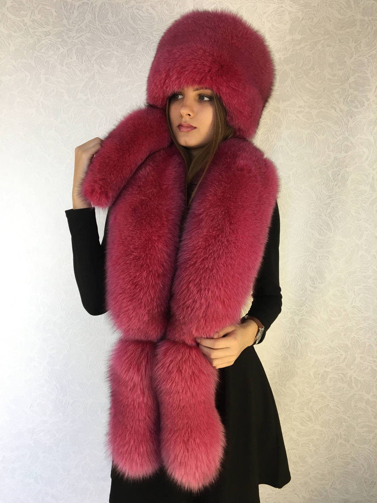 Fox Fur Collar 50' & Full Fur Hat Raspberry Pink Fur Set Three Fur ...