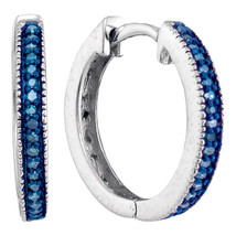 Sterling Silver Womens Blue Color Enhanced Diamond Single Row Hoop Earrings - $60.00