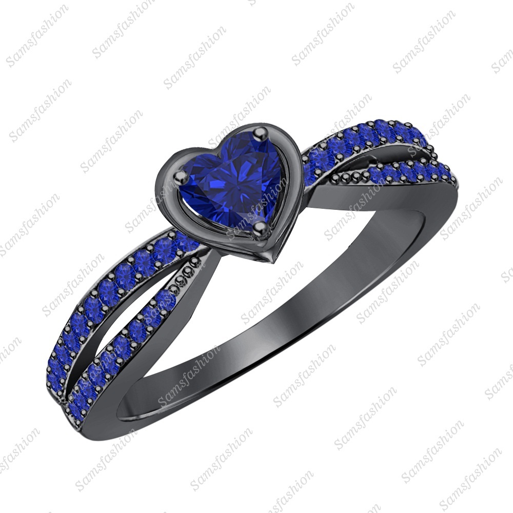 Heart Shaped Blue Sapphire 14k Black Gold Over Elegant Twisting Split Shank Ring