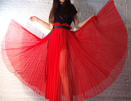 Pleated Long Tulle Skirt Outfit Women Red High Waisted Pleated Tulle Skirt  image 7