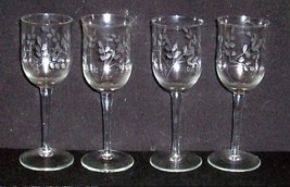 4 Vintage Etched Wine/Champagne Bar Glasses 8 oz 7 1/2&quot; Excellent - $22.00