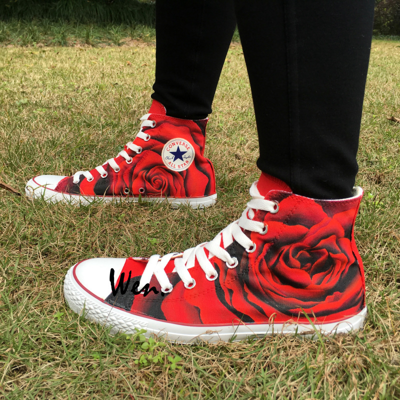 Red Roses Floral Hand Painted High Top Converse Sneakers Canvas Men Women Shoes