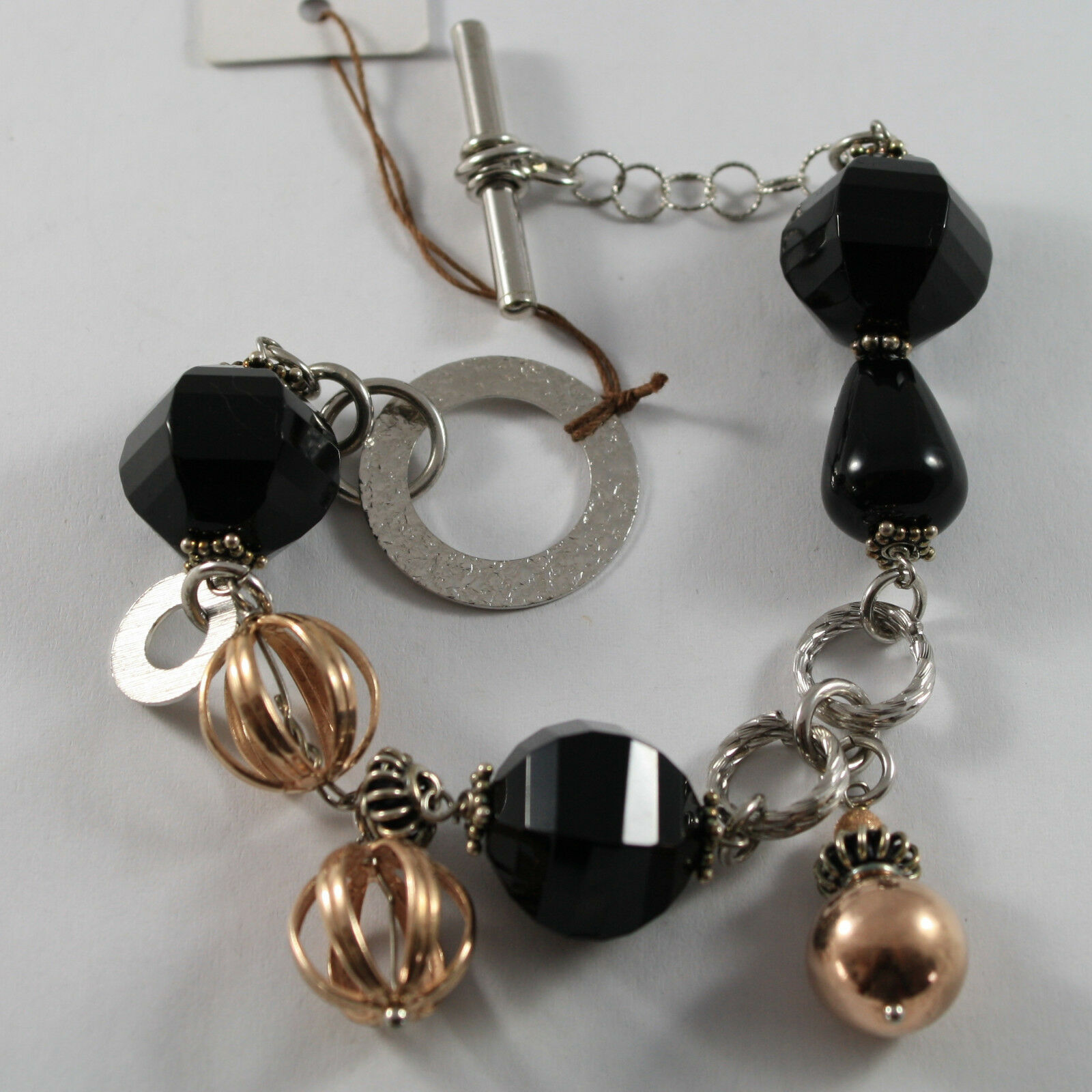 Primary image for .925 RHODIUM SILVER AND ROSE GOLD PLATED BRACELET WITH BLACK ONYX