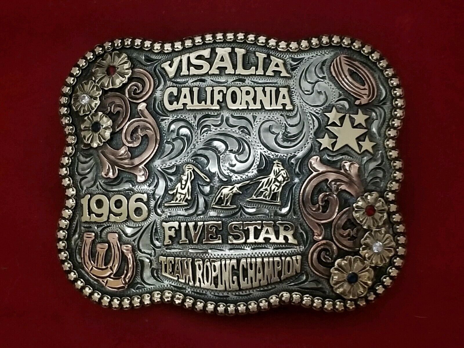 1996 RODEO VINTAGE TROPHY BELT BUCKLEVISALIA CALIFORNIA TEAM ROPING CHAMPION874 Belt Buckles