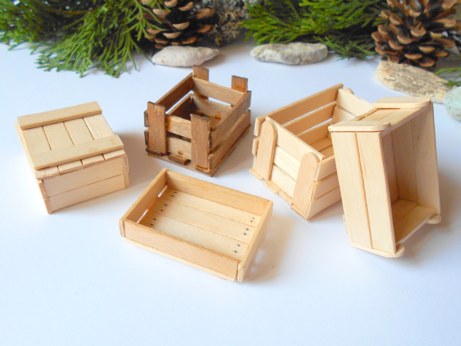 5 Miniature wooden crates set Dollhouse accesories 1/12 scale mini