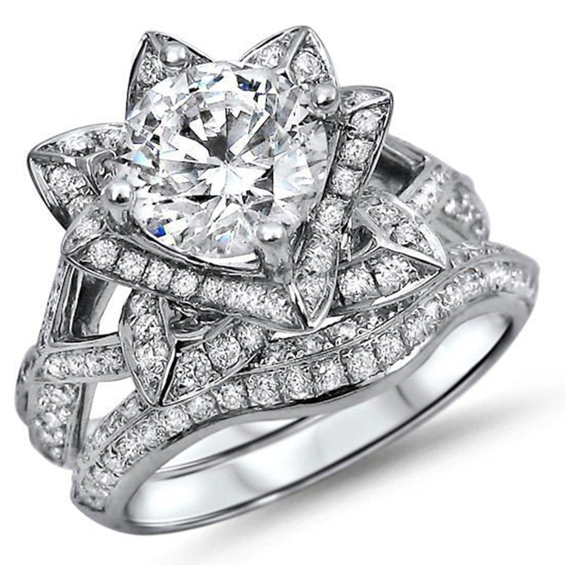 2.05 Ct Round Diamond Lotus Flower Engagement Ring Bridal
