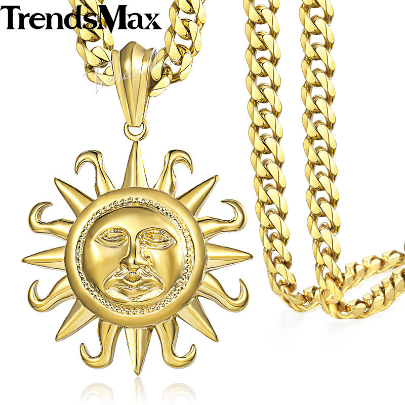 Sun Pendant Necklace for Men Gold and silver Tone Stainless Steel ...