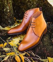 Handmade Men's Brown Leather Chukka Lace Up Boots image 2