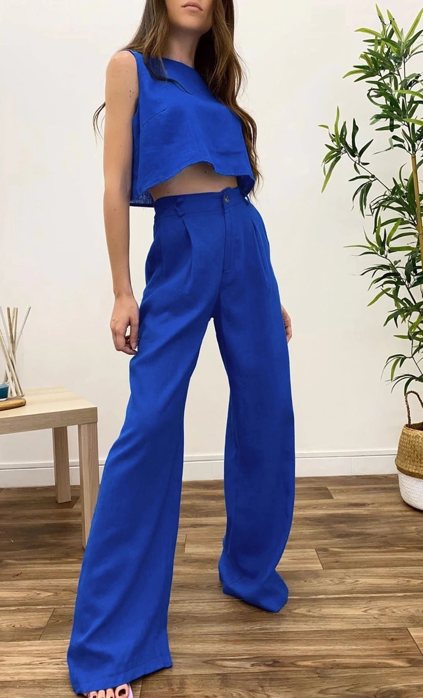 New royal blue two-piece set sleeveless crop top and wide leg long women pants