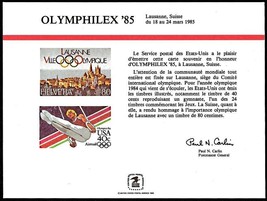 USPS PS56 Souvenir Card, Olymphilex'85, Swiss and US Olympic stamps, 1985 - $6.88