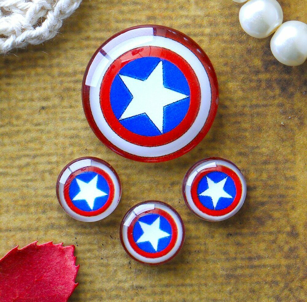 Captain America Shield Round Photo Glass Cabochon Cameo Set Handmade Jewelry