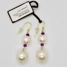 SOLID 18K YELLOW GOLD EARRINGS WITH WHITE FW PEARL AND AMETHYST MADE IN ITALY image 3