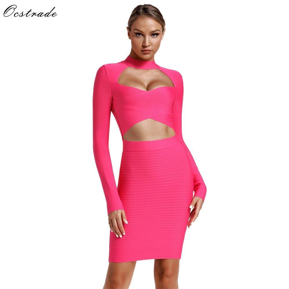 Ocstrade Vestidos Bandage Dress 2019 Women New Fashion Hot Pink Bandage Dress Se - Dresses