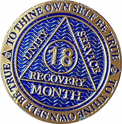 18 Month AA Medallion Dusty Blue Color Gold Plated Sobriety Chip