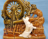 USA McCoy Pottery Planter Vase Terrier Dog & Cat Spinning Wheel Green Brown