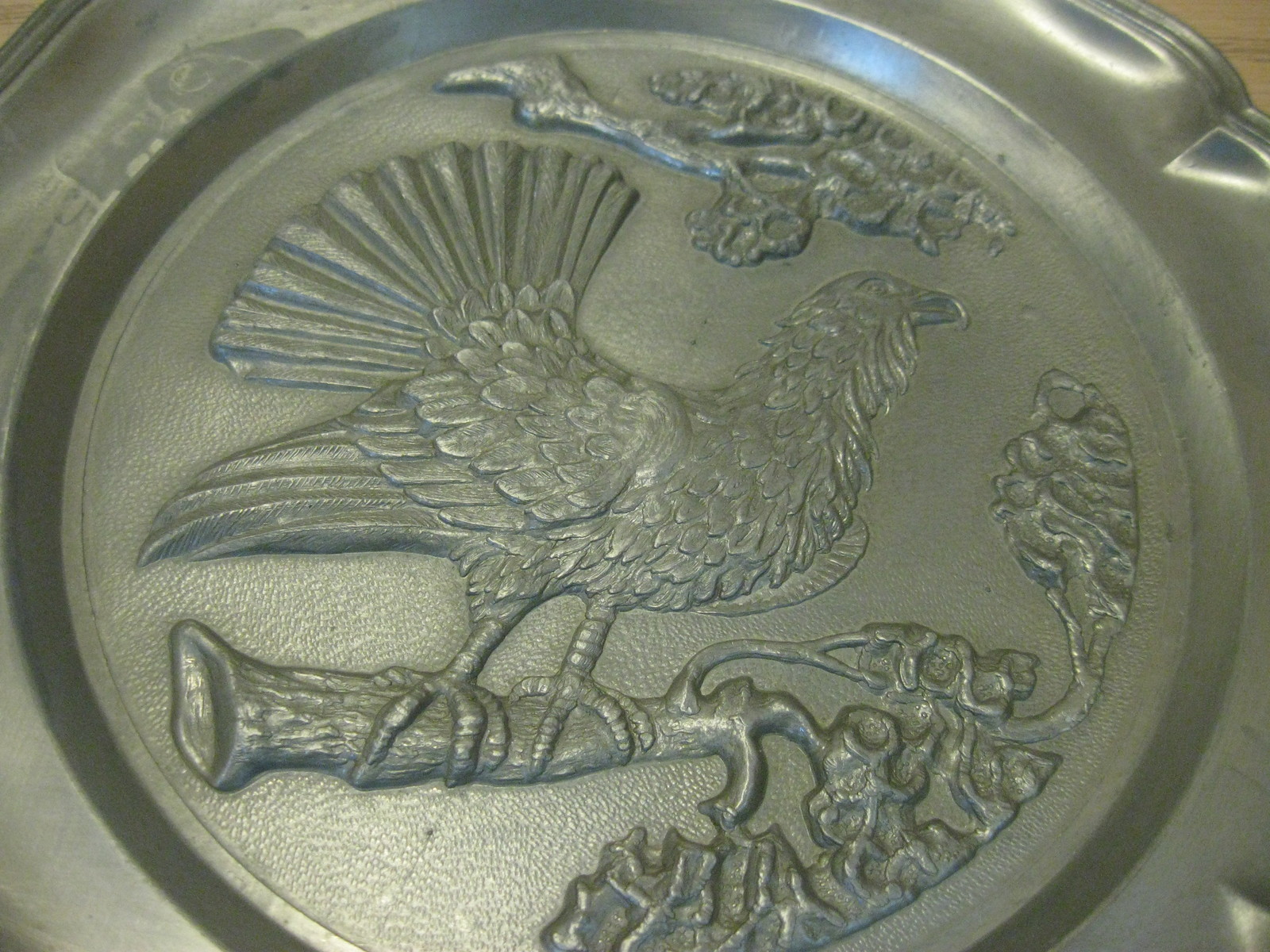 Pewter Metal Hanging Plate Emboss Bird on Branch Scallop Rim - Pewter