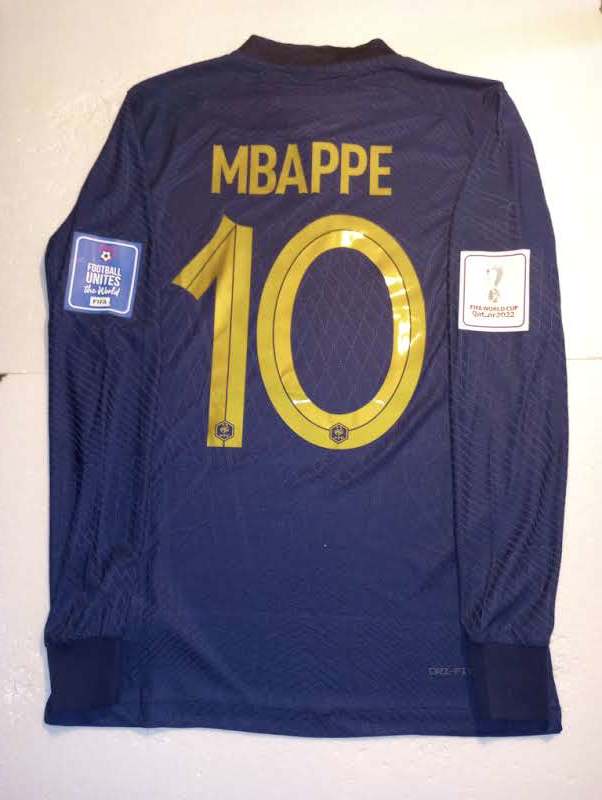 Kylian Mbappe France 2022 World Cup Final Match Home Long Sleeve Soccer