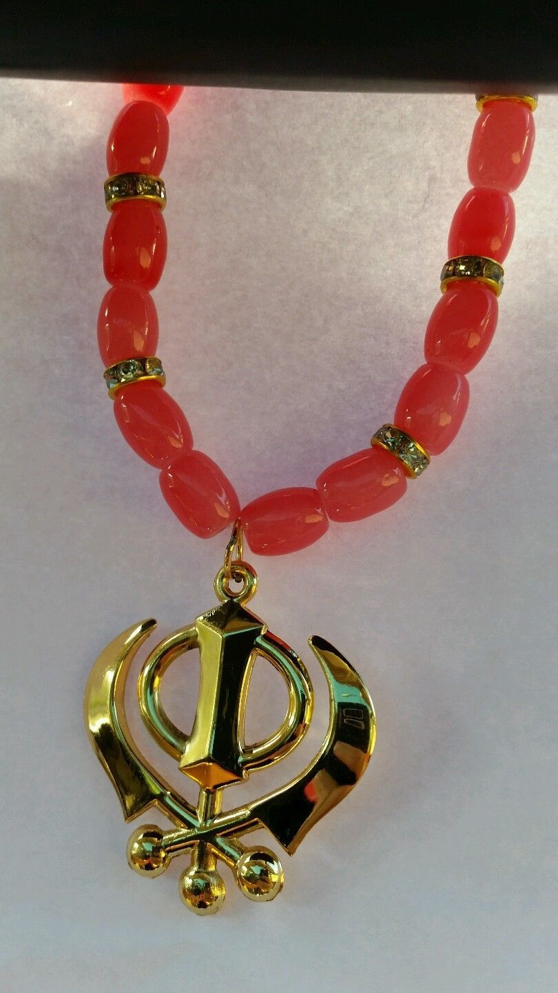 GOLD Plated Punjabi Sikh Khanda Pendant Car Rear Mirror Hanging Red