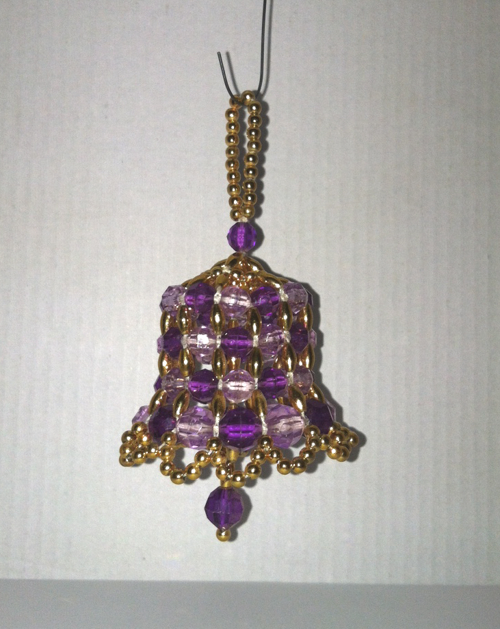 Vintage handmade beaded bell shaped ornament Purple and gold beads