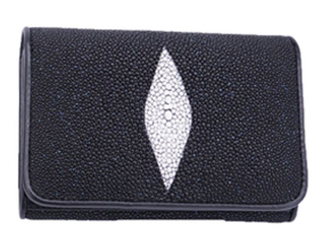 Genuine Stingray Skin Leather Short Trifold Women Wallet : Black