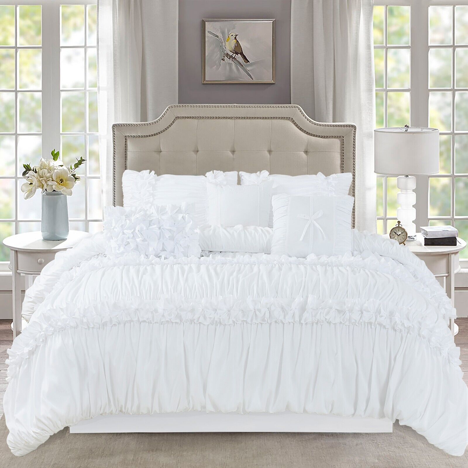HIG 7 Piece Ruched Pleat Comforter Set White Romantic Bed in a Bag