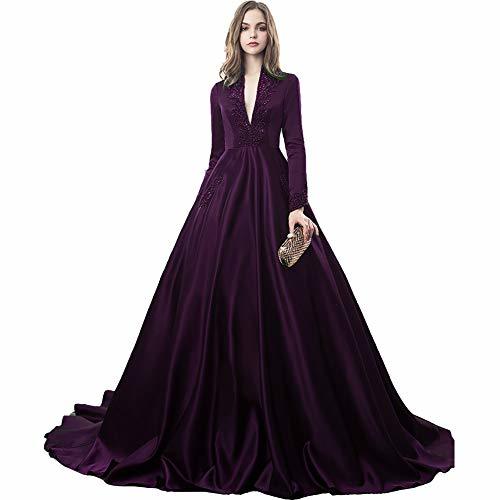 Kivary Plus Size Long Sleeves Beaded V Neck Evening Gown Prom Dress Dark Purple