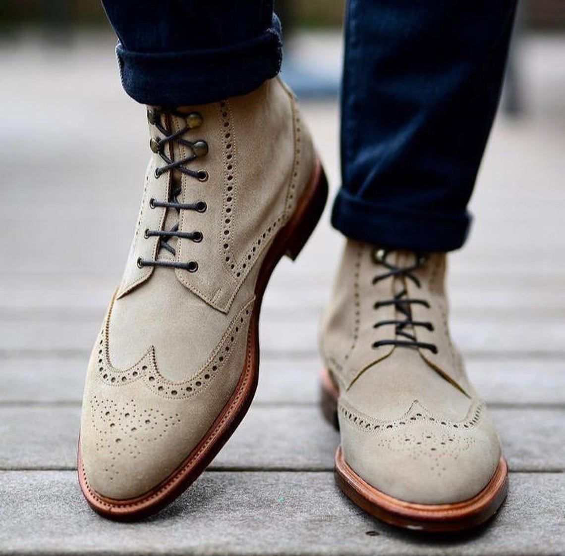 Bespoke Men's Wing Tip OFF White Suede Leather Ankle High Formal Leather Boots