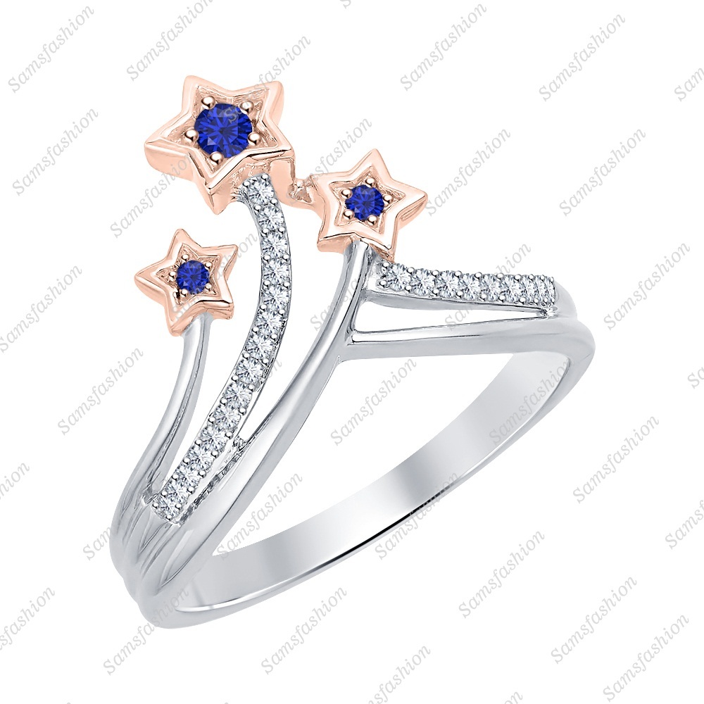 Round Blue Sapphire Diamond 14k Two Tone-Gold Over 925 Three Star Fashion Ring
