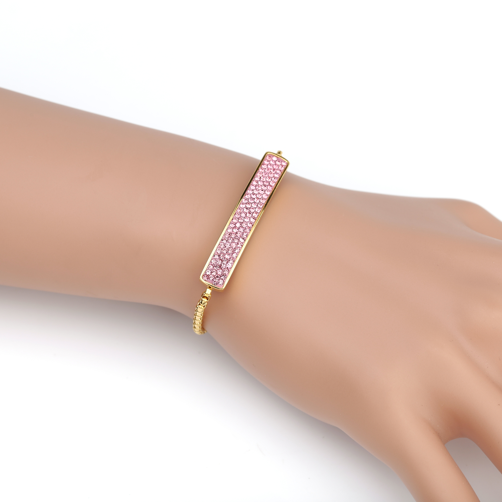 UNITED ELEGANCE Gold Tone Bolo Bar Bracelet With Pink Swarovski Style Crystals
