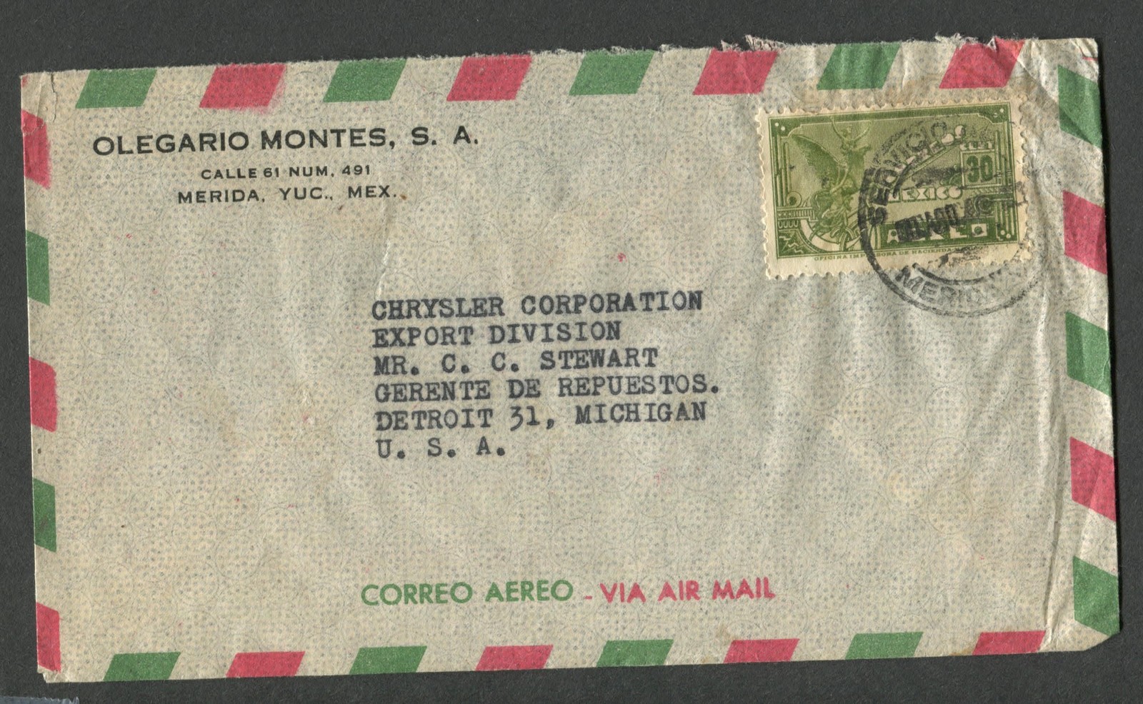 Primary image for 1930s Canceled Mexico Air Mail Envelope with 1 stamp YT:MX PA64