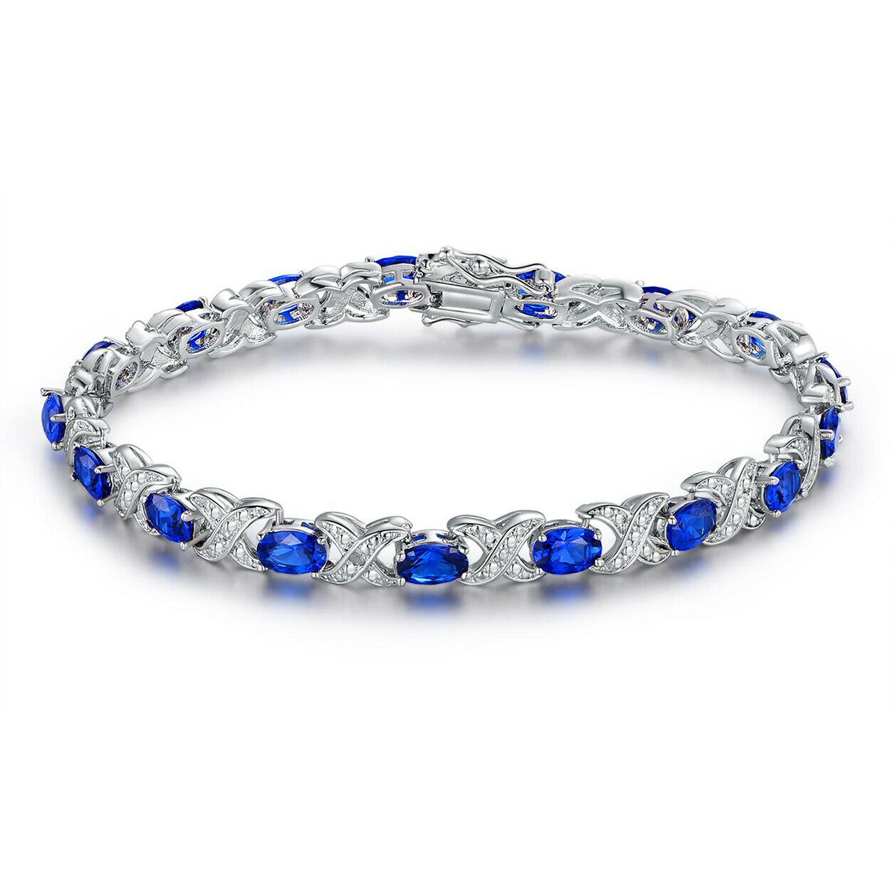 STERLING SILVER PLATED CLEAR SAPPHIRE BLUE CUBIC ZIRCONIA TENNIS     57 