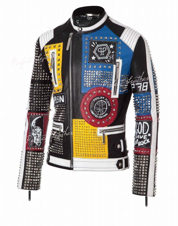 New Philipp Plein Multicolor Full Studded Embroidery Patches Leather Jacket Mens