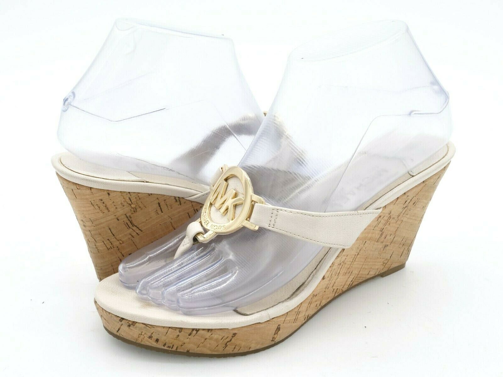 Michael Kors Womens 7 Sandals White Leather Large Medallion Cork Wedge Thong - $29.99