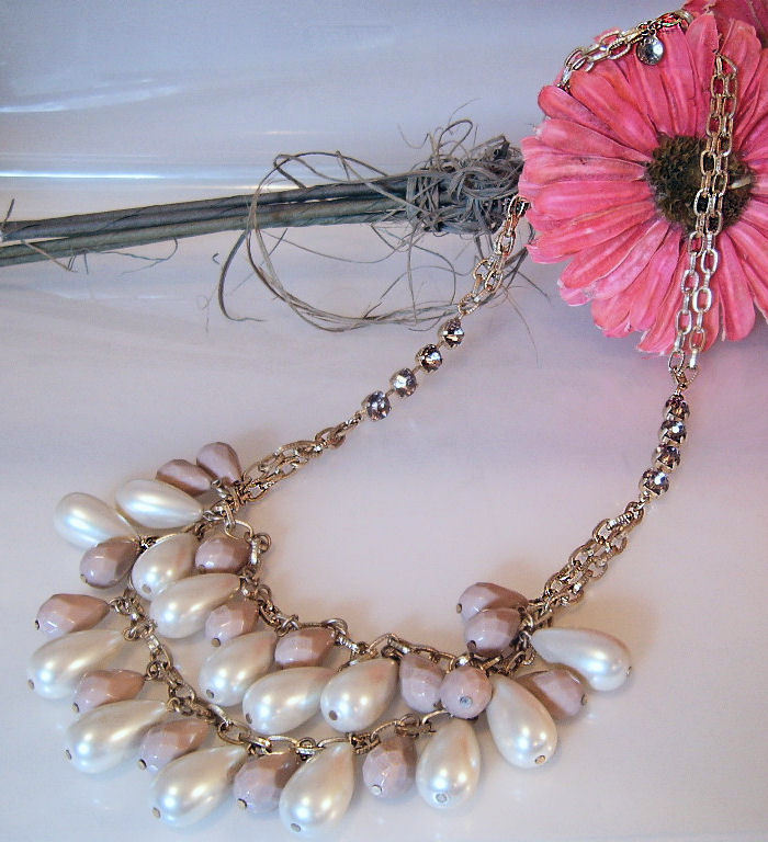 J Crew Necklace Chunky Gold Chain White Rose Beads Amethyst Crystal Rhinestones  - $19.99