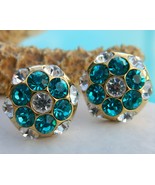 Vintage Rhinestone Button Earrings Flower Round Teal Turquoise Pierced - $22.95
