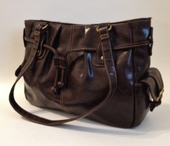 Rich Brown Faux Leather Purse Handbag Tote Side Pockets Metal Studs Buckles - $65.00